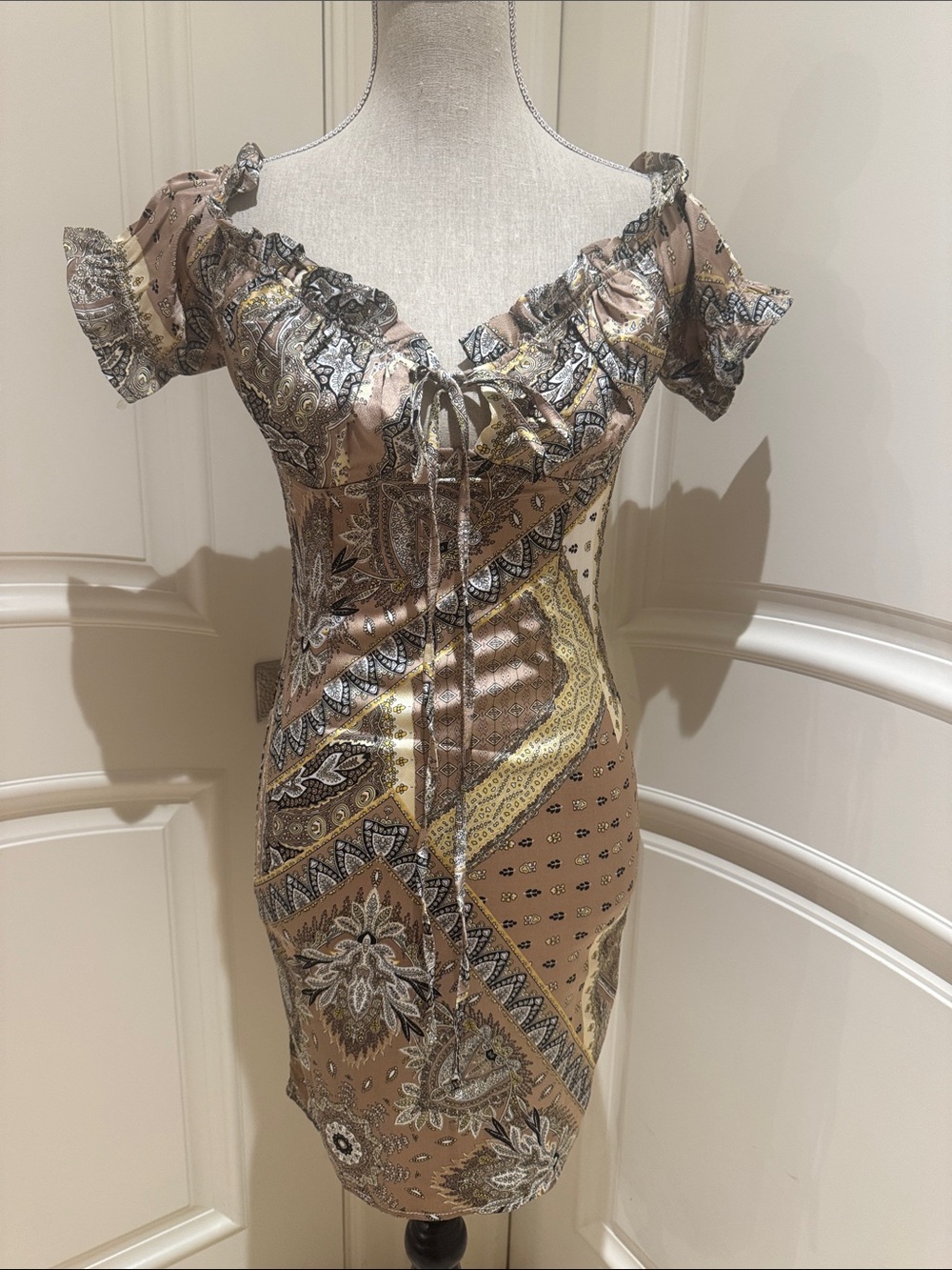 Brown Paisley Mini Dress with Ruffle Neckline